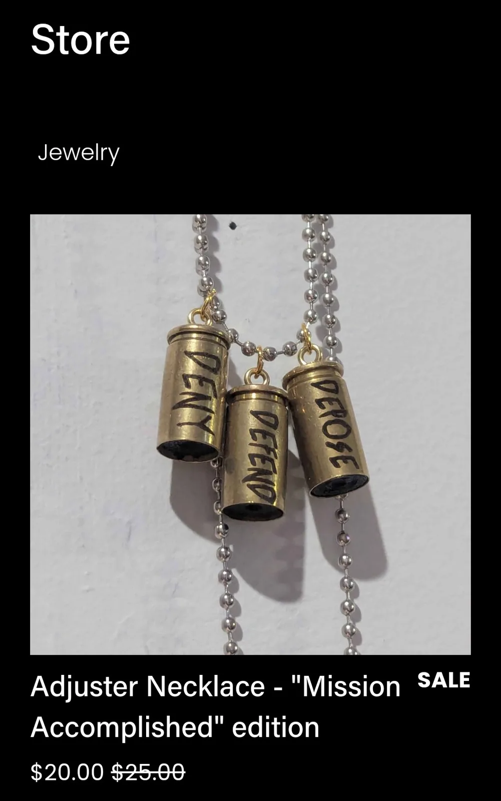 A product listing image shows a necklace with three bullet casings as pendants, each engraved with the words 'DENY'…