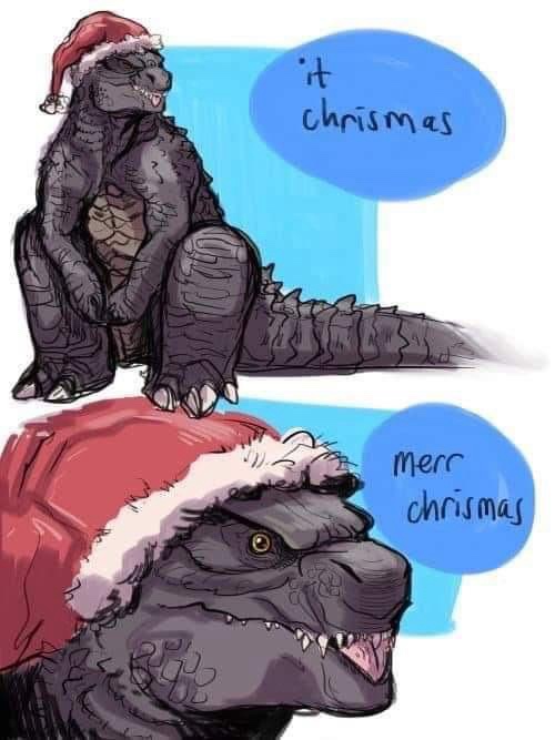 Two cartoonish Godzilla-like monsters wearing red Santa hats are depicted. The top one, sitting upright, has a blue speech…