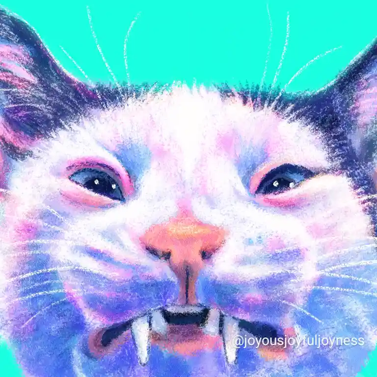 A stylized, colorful drawing of a cat's face with a teal background, featuring prominent fangs and a pinkish nose. The cat…