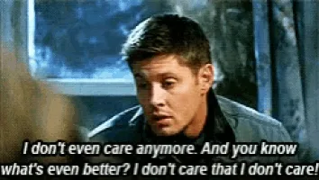Six identical panels show actor Jensen Ackles as Dean Winchester from 'Supernatural', looking intensely at someone…