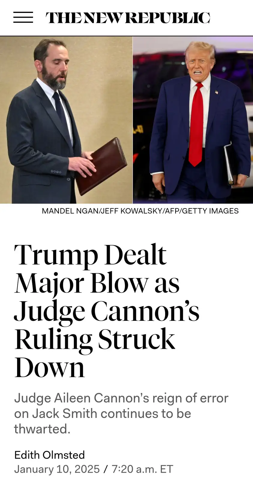The image displays a newspaper article from 'THE NEW REPUBLIC' with a headline about Trump receiving a major blow due to a…