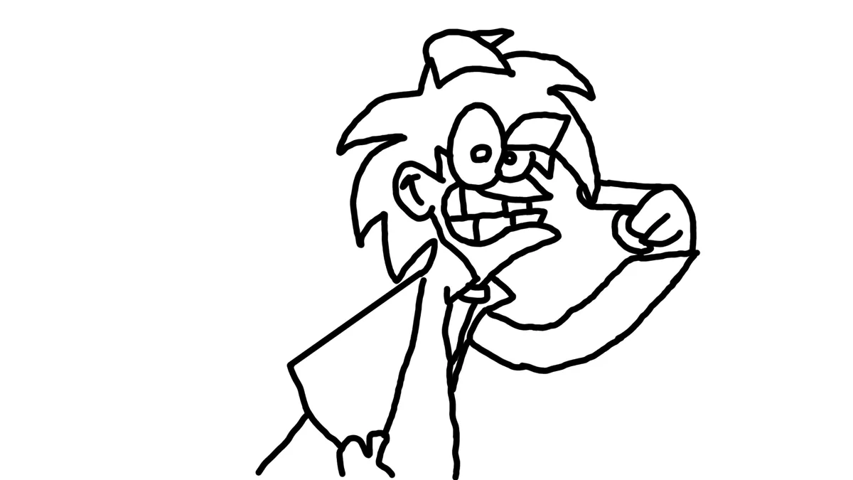 A simple black-and-white line drawing shows a cartoon character with spiky hair, wide eyes, and a grimacing expression…