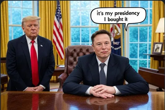 Two men are in the Oval Office; one seated at the desk, the other standing behind. The seated man has a speech bubble saying…