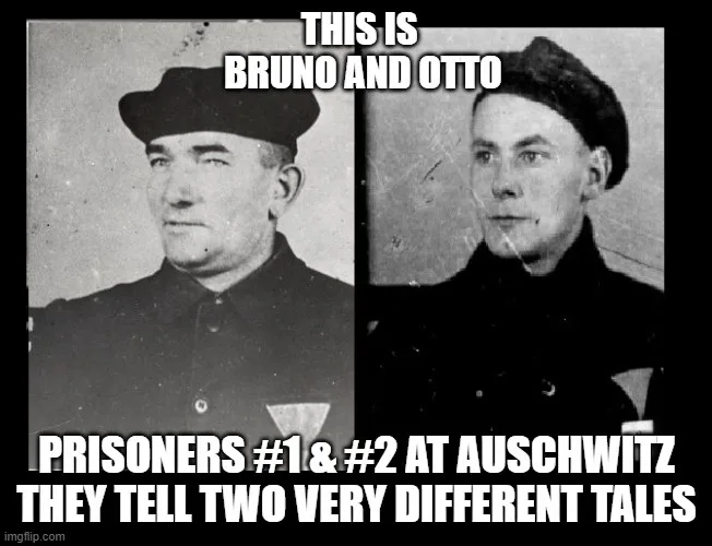 A split black-and-white photo shows two men in dark uniforms and caps, each occupying half the frame. White bold text…