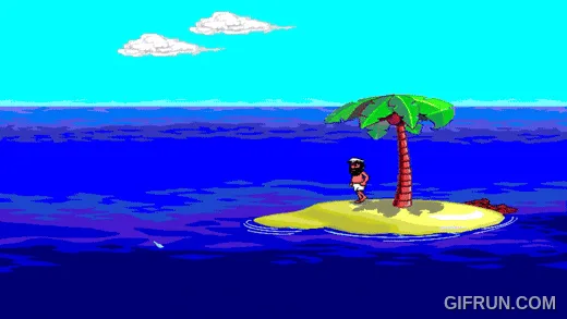 A pixelated character stands on a small tropical island with a palm tree, shown in a sequence of frames. In the final frame…