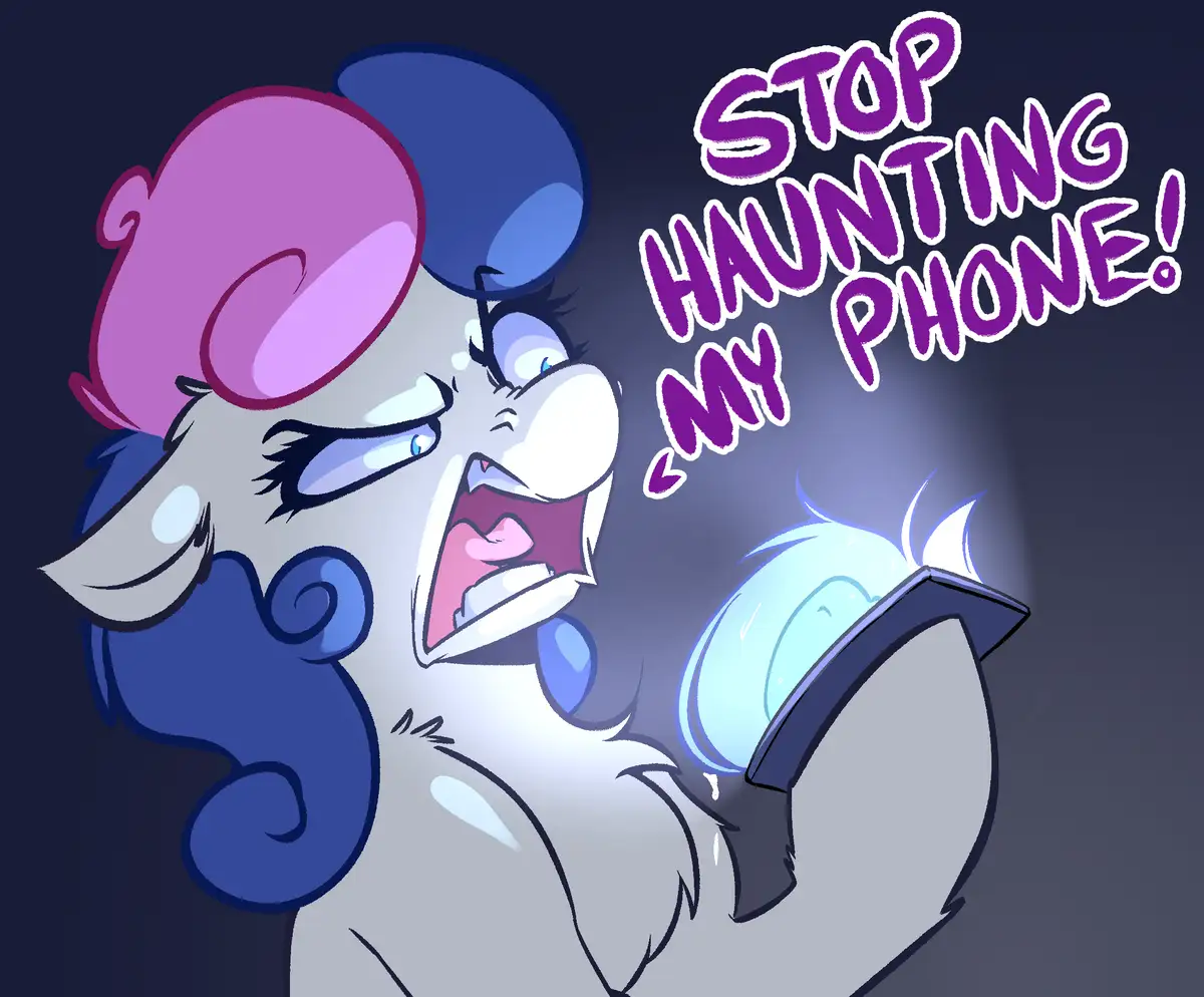 A cartoon wolf-like character with purple and blue hair, wide eyes, and an angry expression yells at a glowing blue phone…