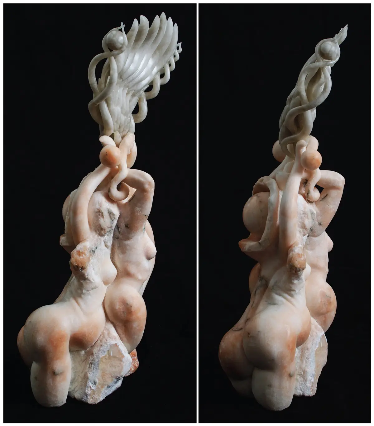 this image displays a split-view of an abstract stone sculpture featuring multiple nude human figures intertwined and…