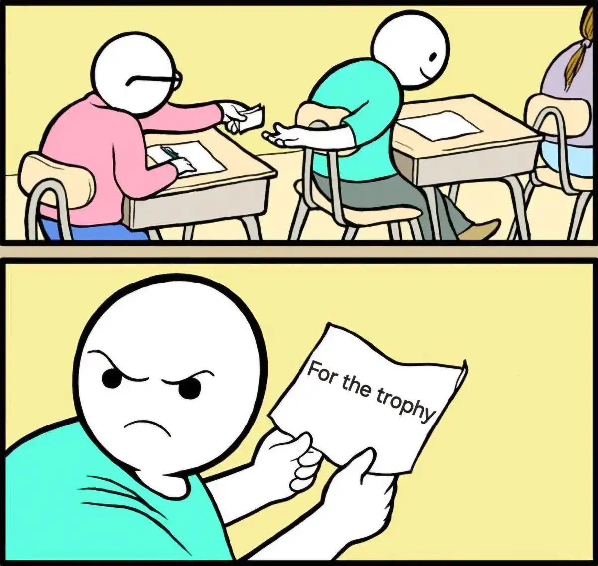 Two panels show stick figures in a classroom. In the top panel, a pink-shirted figure hands a folded paper to a teal-shirted…