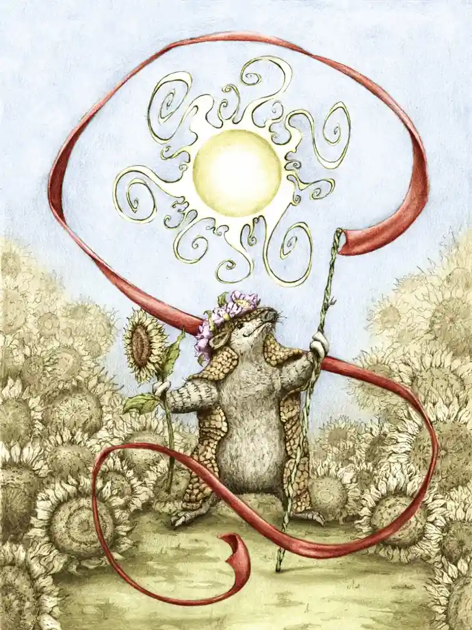 An illustration of an armadillo wearing a flower crown, holding a sunflower and a stick, standing in a field of sunflowers…