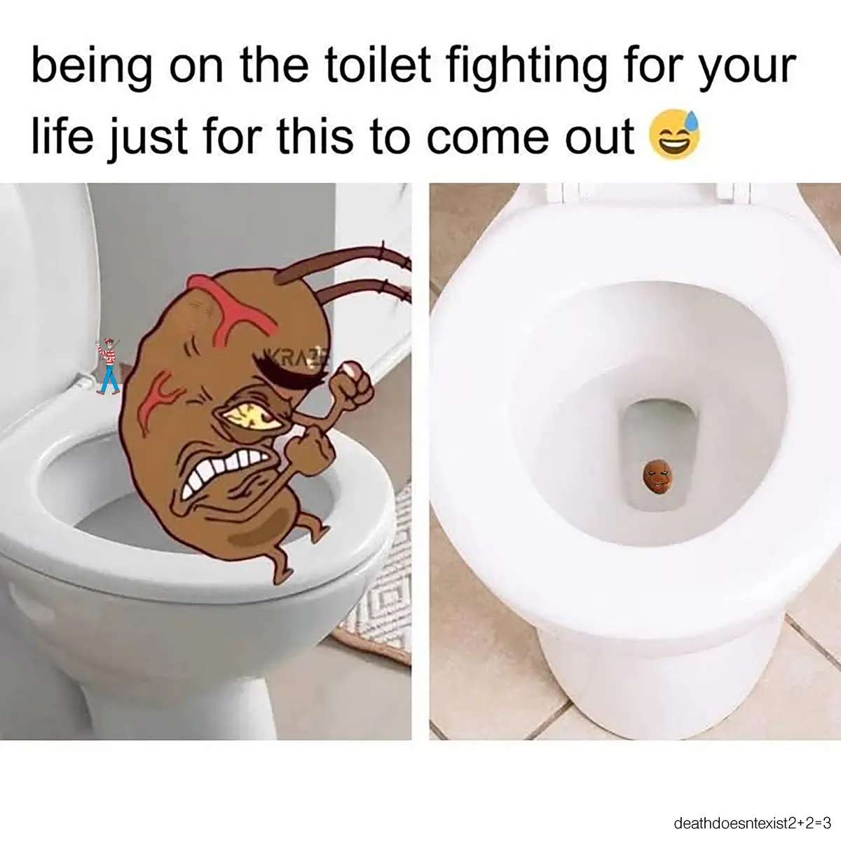 The image is split into two panels. The left panel shows a cartoonish, angry brown poop character with red marks on its…