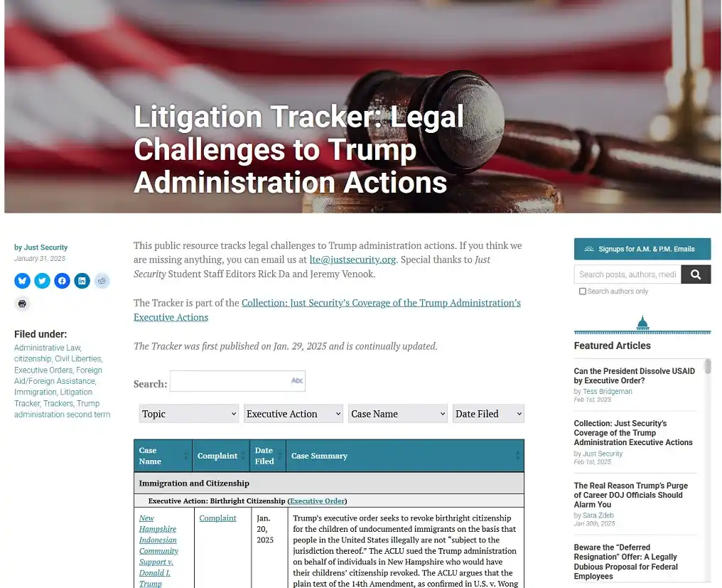 A screenshot of a Just Security webpage titled 'Litigation Tracker: Legal Challenges to Trump Administration Actions,'…