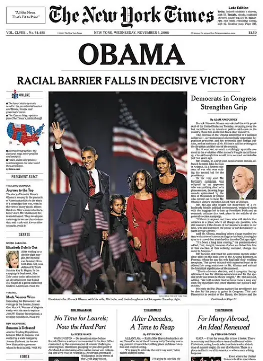 A digitally altered image mimicking a 2008 New York Times front page, featuring a photo of Barack Obama, Michelle Obama, and…