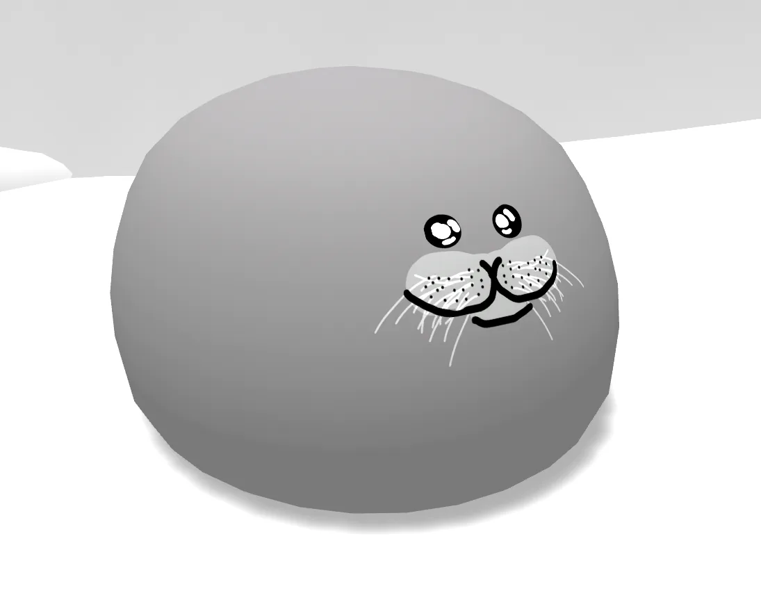 A simple 3d-rendered gray sphere with a cartoon seal face drawn on it, featuring large eyes, whiskers, and a smiling mouth…