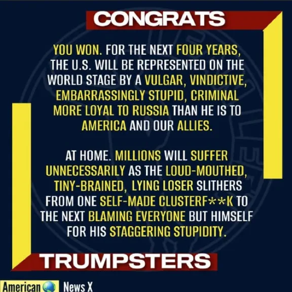 A dark blue graphic with bold red and yellow borders displays a sarcastic congratulatory message. The text, in yellow, reads…