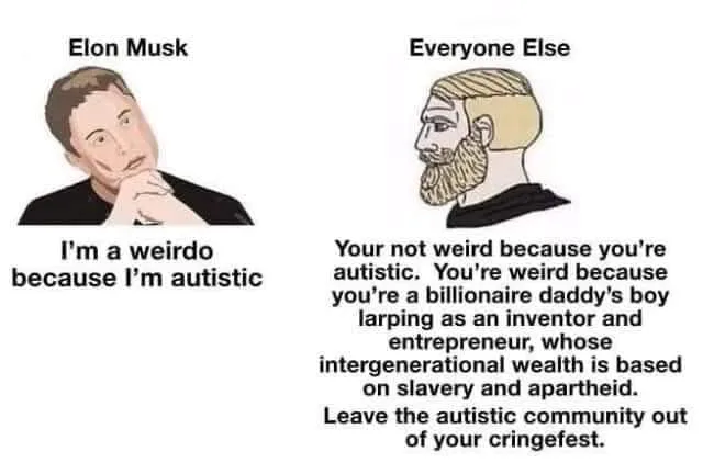 The image displays two side-by-side cartoon portraits. The left shows a man labeled 'Elon Musk' with the text 'I'm a weirdo…
