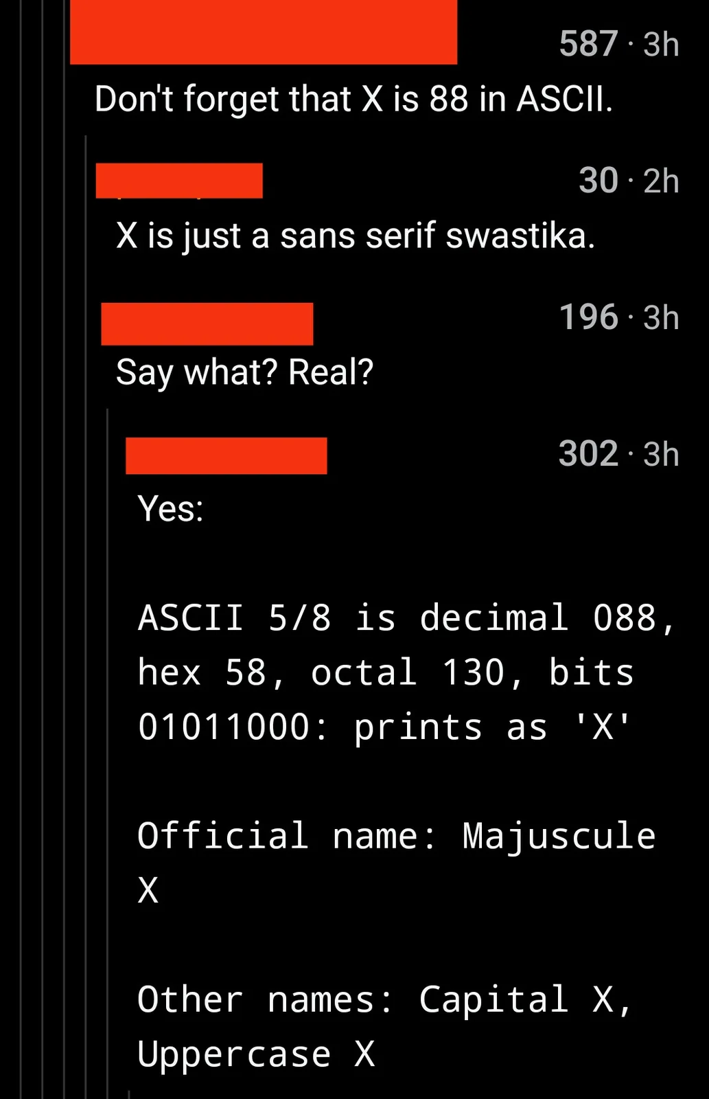 A screenshot of a Reddit thread where users discuss the ASCII value of 'X' being 88, leading to a controversial claim that…