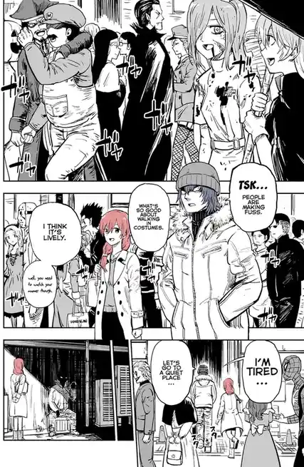 A black-and-white manga panel shows a crowd of people in various costumes, including Mario and a zombie. A character in a…