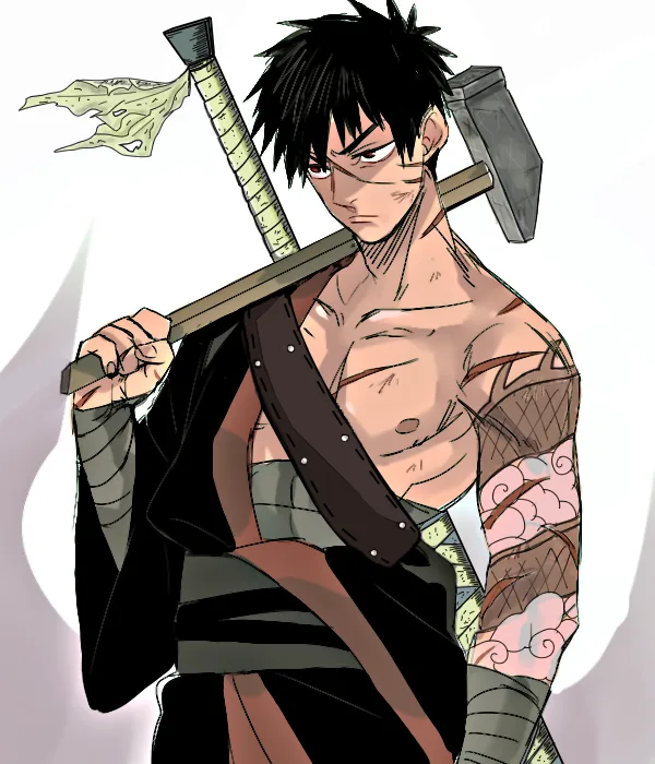 A shirtless anime-style man with black spiky hair and tattoos on his arms carries a large axe over his shoulder. He has a…
