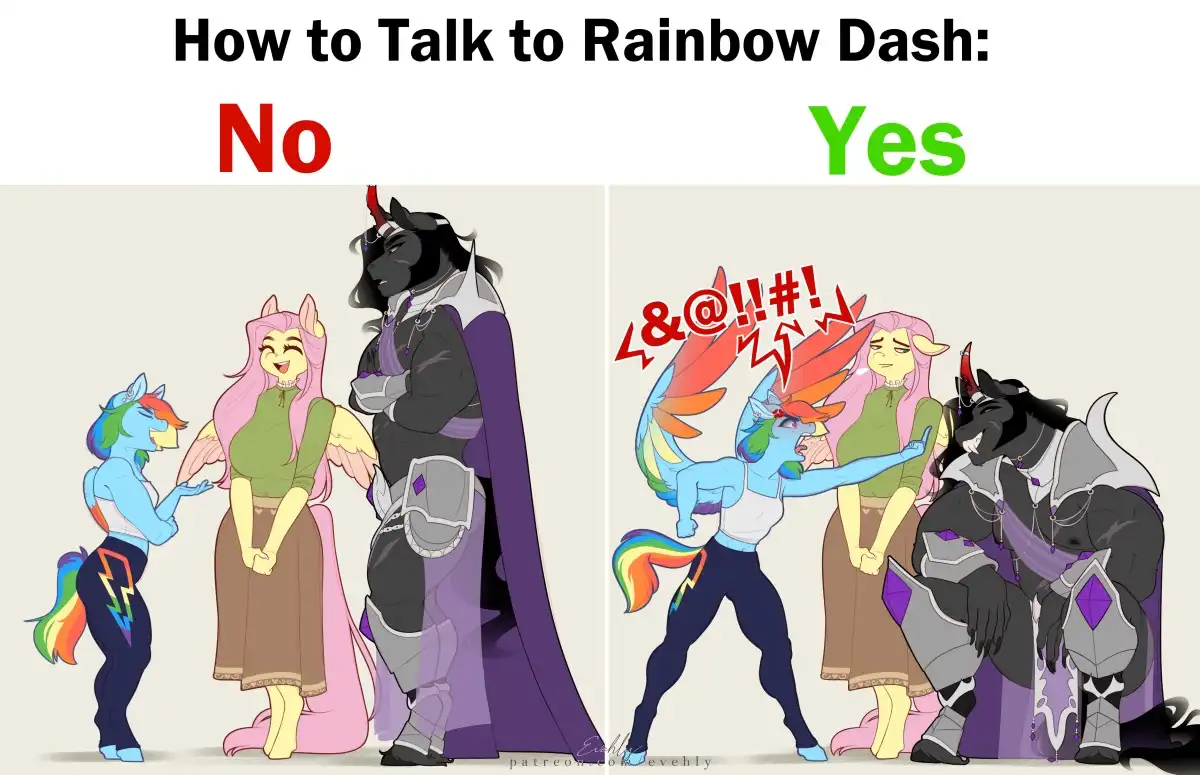 The image is split into two panels. Left panel labeled 'No' shows a calm, smiling rainbow-maned pony (Rainbow Dash) standing…