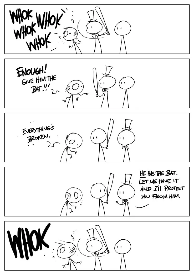 A five-panel stick figure comic shows a character being repeatedly hit with a bat. Another character demands the bat be…