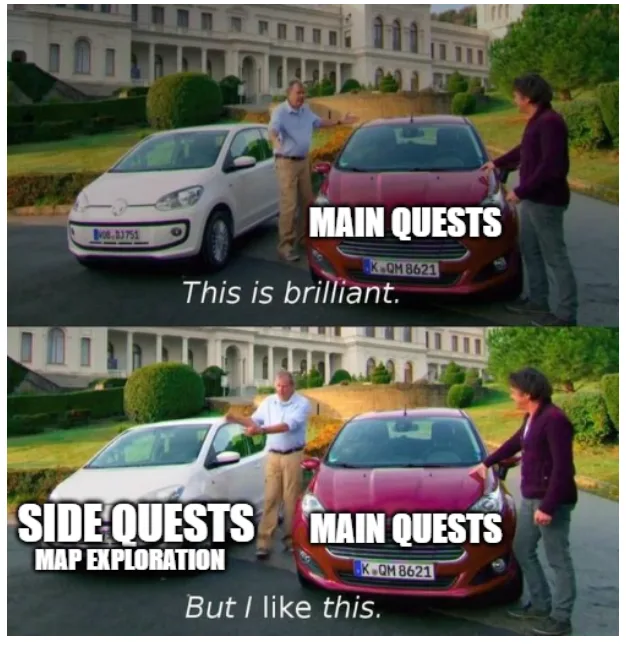 Two men stand between two cars, a white one labeled 'MAIN QUESTS' and a red one labeled 'SIDE QUESTS MAP EXPLORATION'. The…