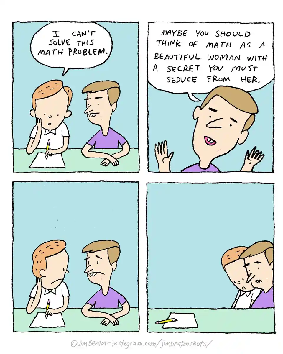 A four-panel comic shows a student struggling with a math problem, asking a friend for help. The friend suggests thinking of…