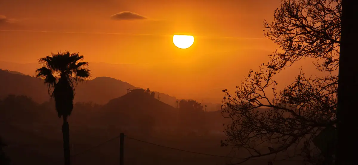 A scenic sunset photo shows a bright orange sky with the sun partially visible, silhouetted by distant hills, a palm tree on…