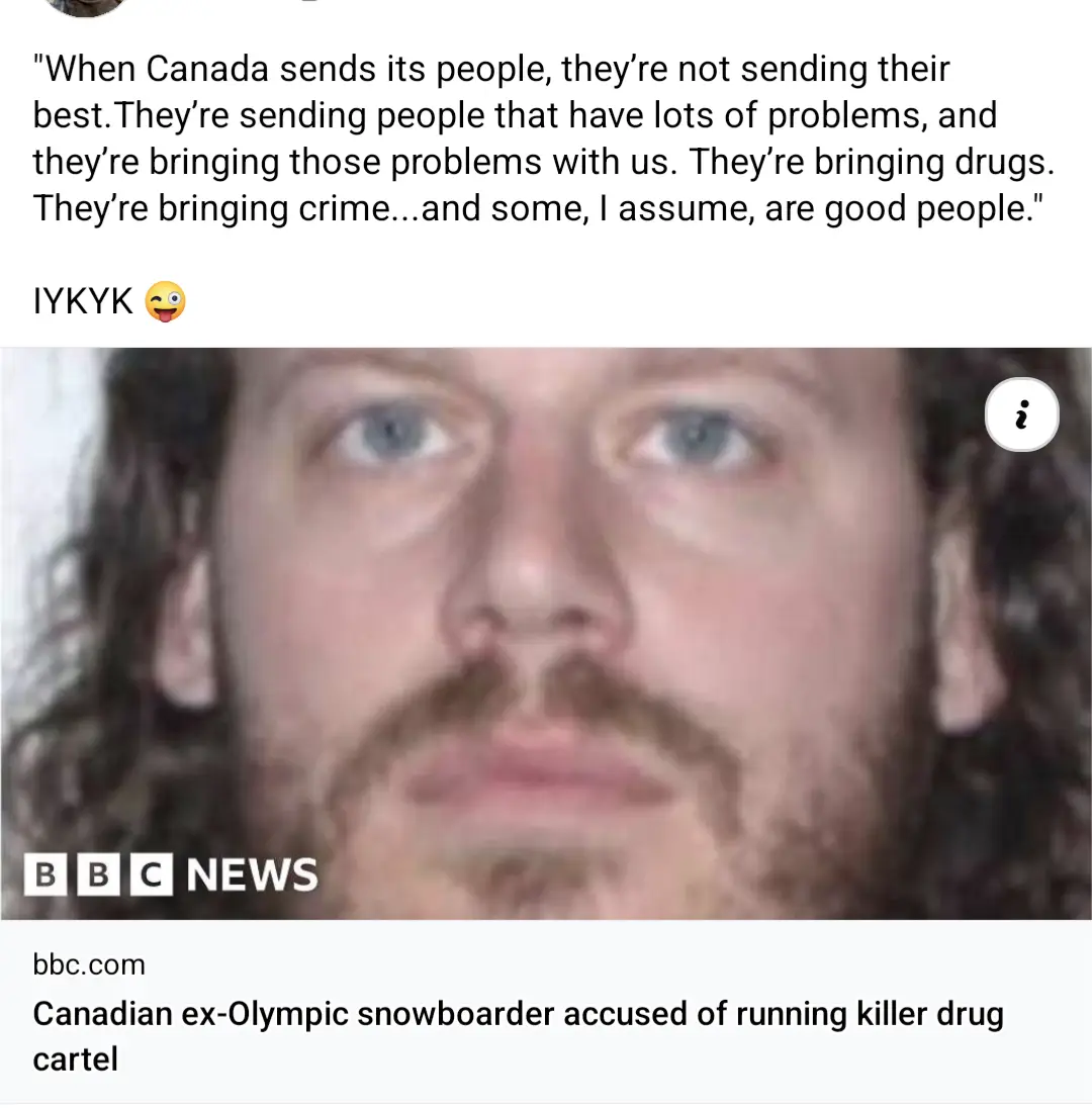 A blurry close-up photo of a man with long dark hair, blue eyes, and a beard, overlaid with a quote about Canada sending…