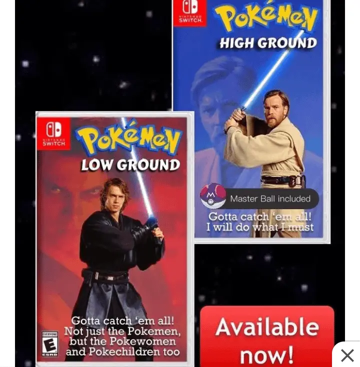 Two parody Nintendo Switch game covers for 'Pokémon Low Ground' and 'Pokémon High Ground' featuring Star Wars characters…