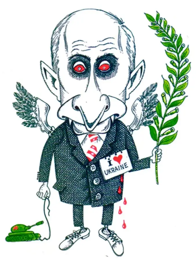 A cartoon caricature of Vladimir Putin with exaggerated features, red glowing eyes, and pointed ears, wearing a suit with a…