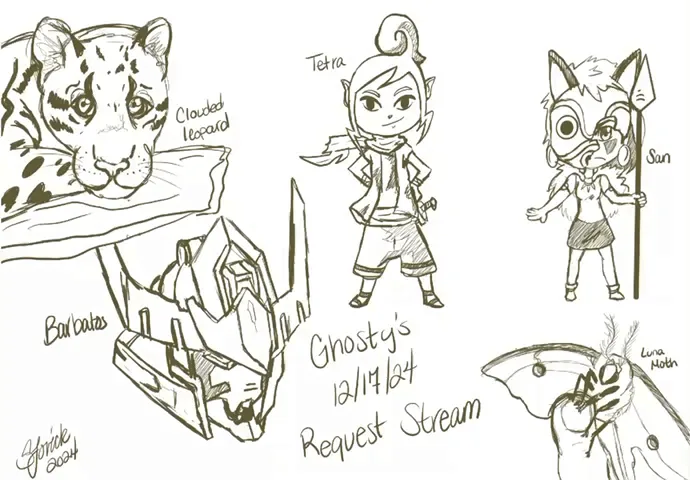 A black-and-white sketch compilation showing character designs for 'Ghosty's 12/14/134 Request Stream', featuring a clouded…
