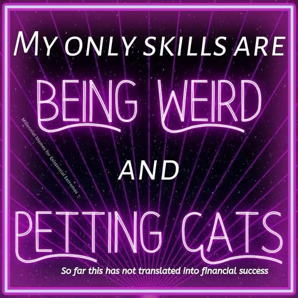 A purple neon-style graphic with a starry background and radiating lines, displaying the text 'My only skills are being…