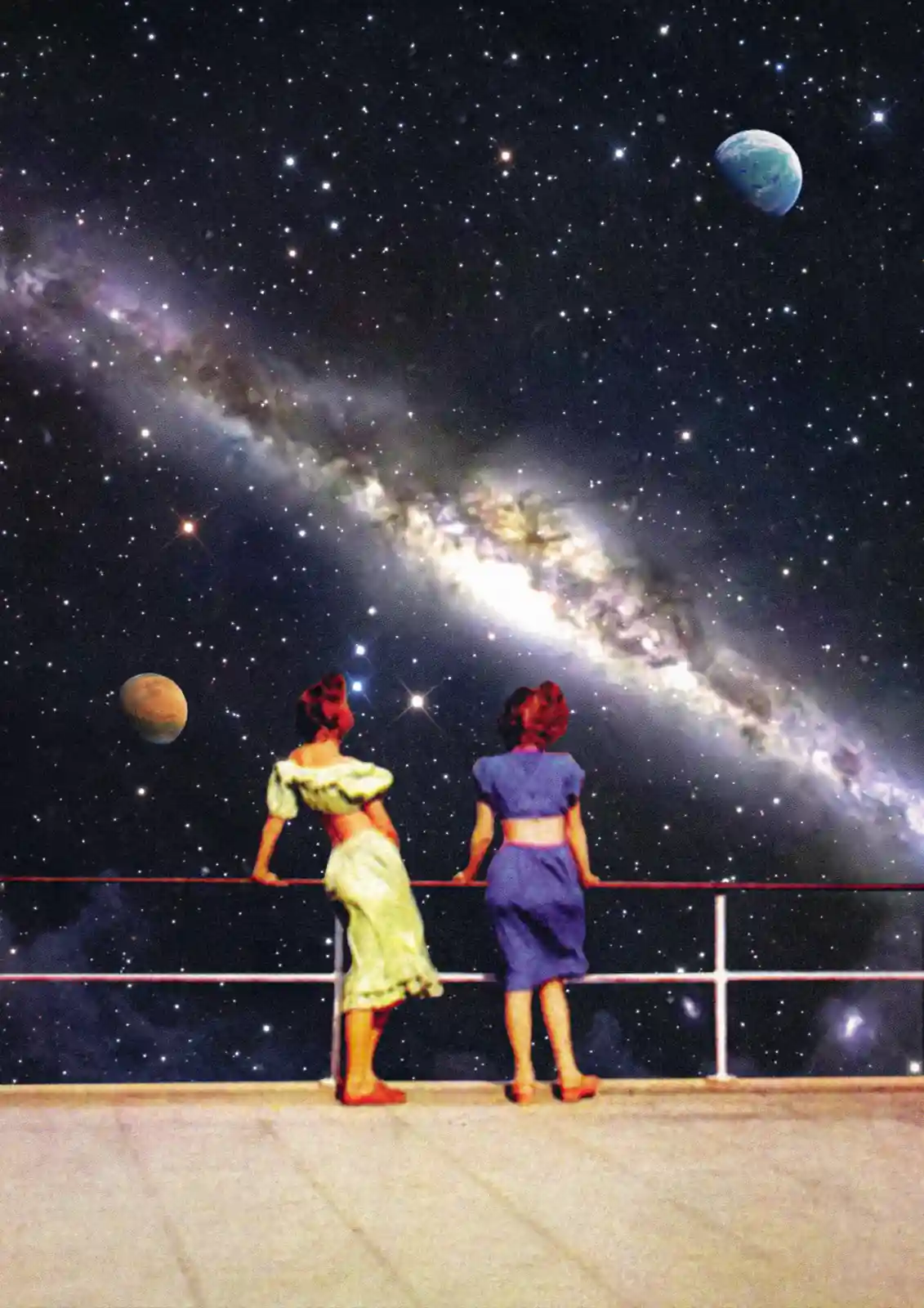 Two women in vintage dresses stand on a railing, gazing up at a starry sky filled with planets and a prominent galaxy. The…
