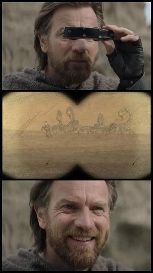 A three-panel meme showing a man with a beard looking through a device, then a blurry sketch of a group of people on…