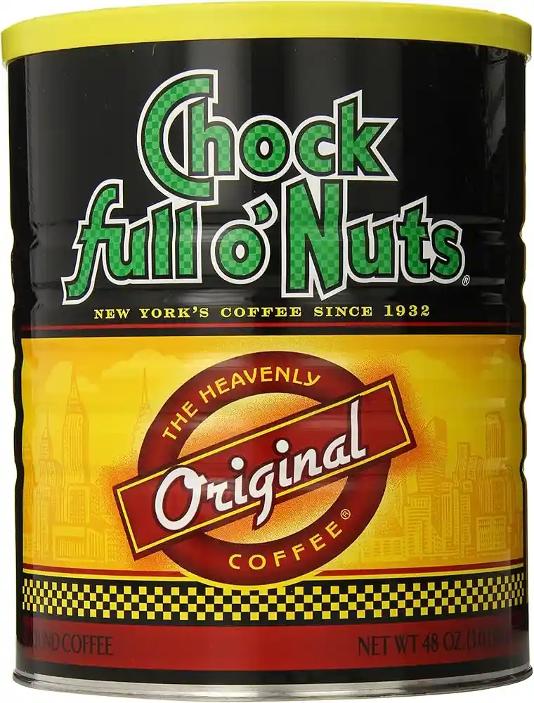 A large black and yellow cylindrical can of Chock full o' Nuts coffee, featuring the brand's logo in green checkered font…