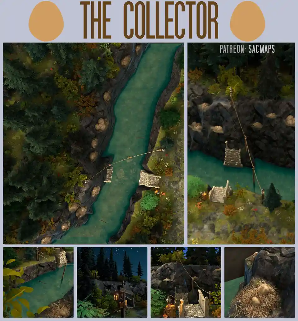A collage of six images from a fantasy game map showing a river canyon with stone bridges, rope bridges, and bird nests…