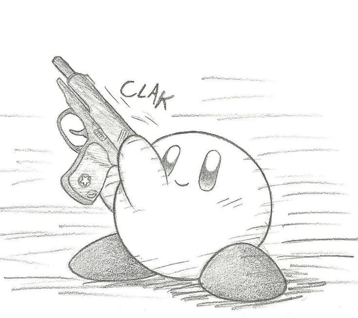 A pencil sketch shows the round, cartoon character Kirby holding a handgun pointed upward, with motion lines around him and…