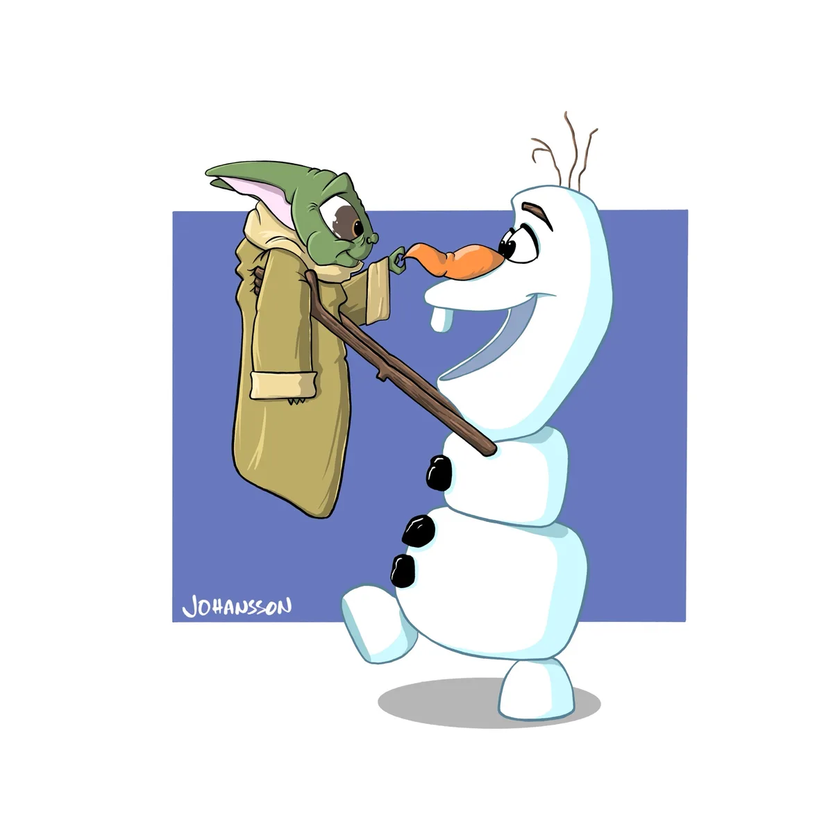 A cartoon depiction of Grogu (Baby Yoda) in a tan robe holding a wooden staff, gently pulling a carrot from the nose of Olaf…