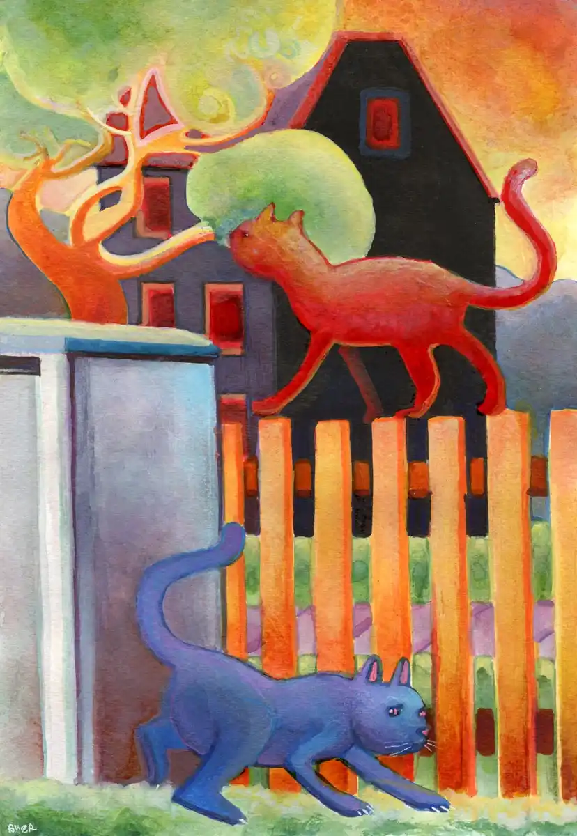 A stylized painting shows a red cat standing atop an orange picket fence, looking down at a blue cat crouching below. The…