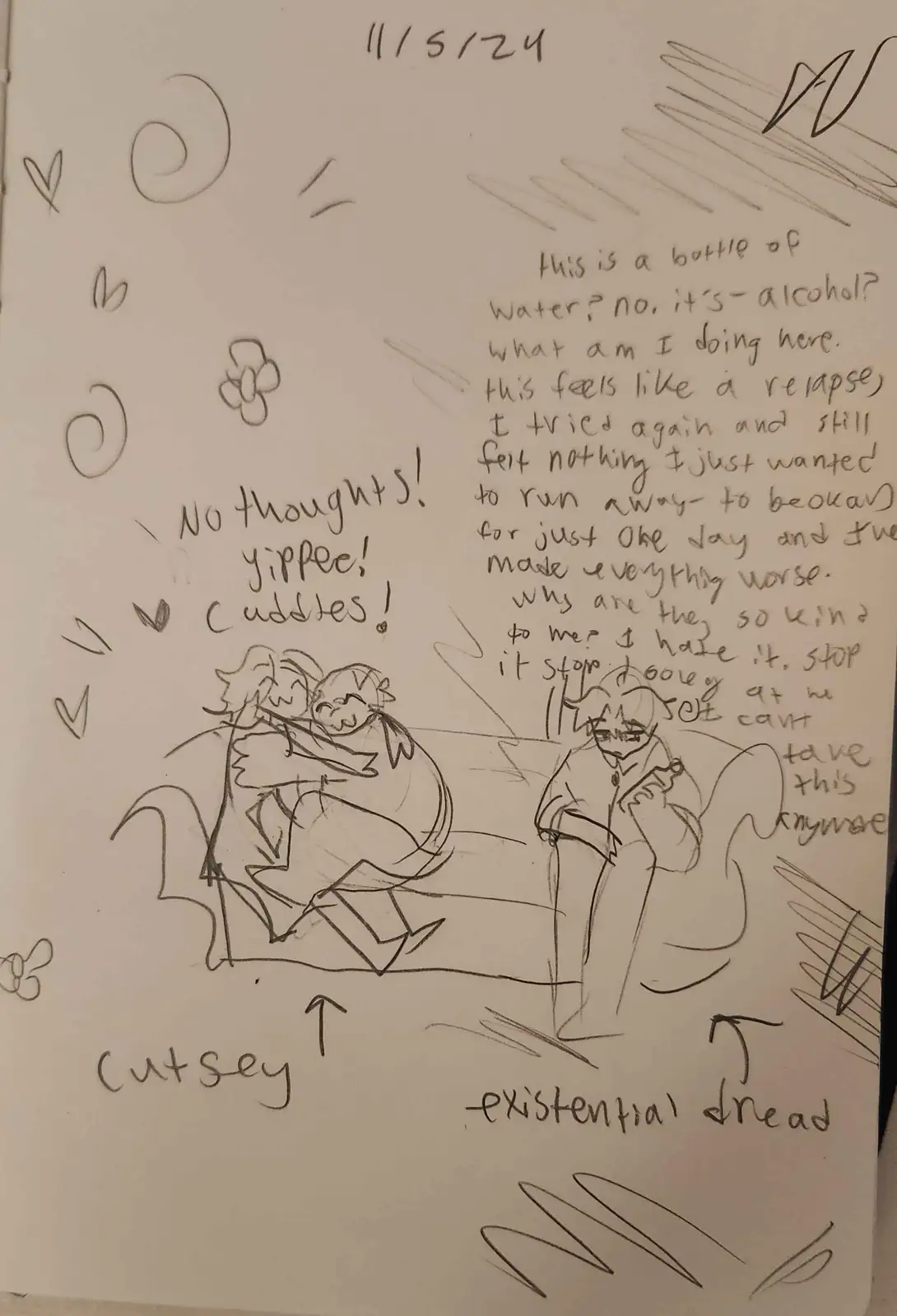 A hand-drawn sketch shows two cartoon characters: one hugging another with hearts and text saying 'No thoughts! Yippee!…