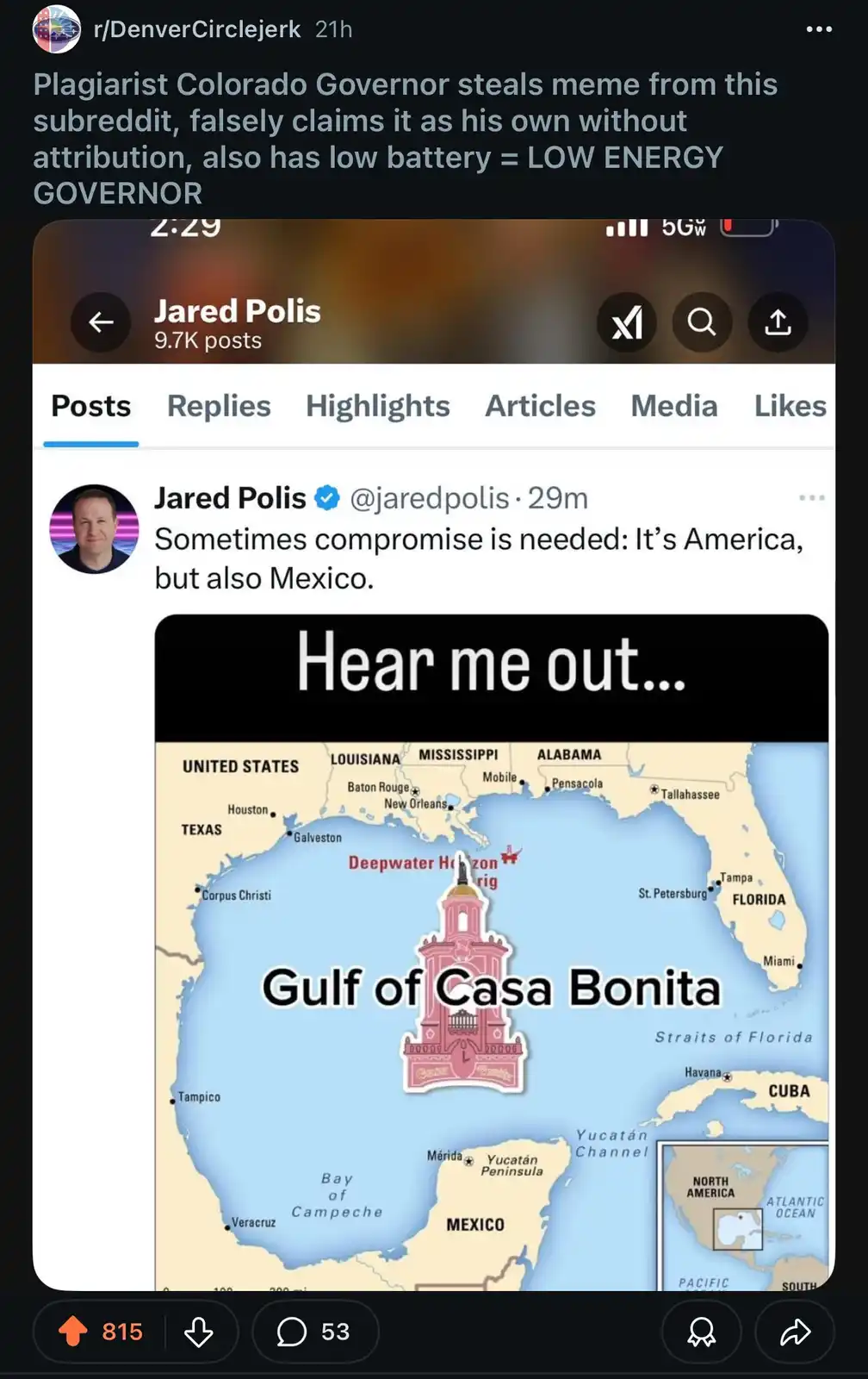 A screenshot of a Reddit post by user Jared Polis, who posted a meme image. The meme features a map of the Gulf of Mexico…
