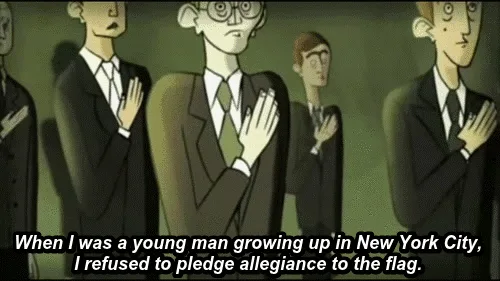 A sequence of animated frames shows a line of men in suits standing at attention with their right hands over their hearts…