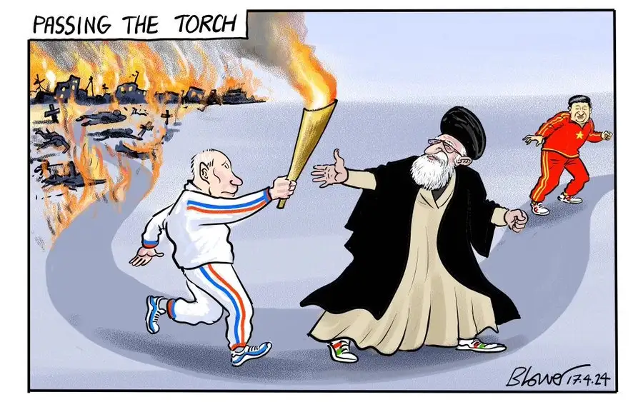 A cartoon depicts a man in a white tracksuit with red and blue stripes running from left to right, handing a lit Olympic…