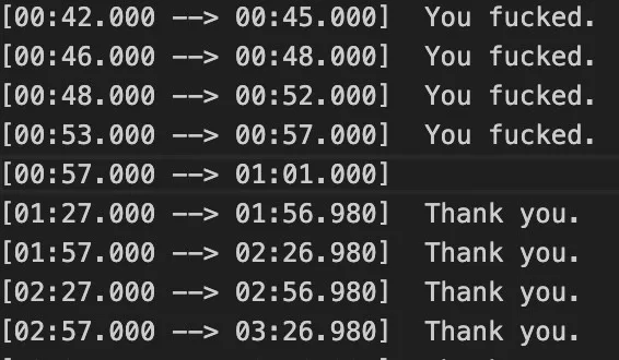 A black screen with white text showing video timestamps and corresponding captions. The first four entries read 'You…