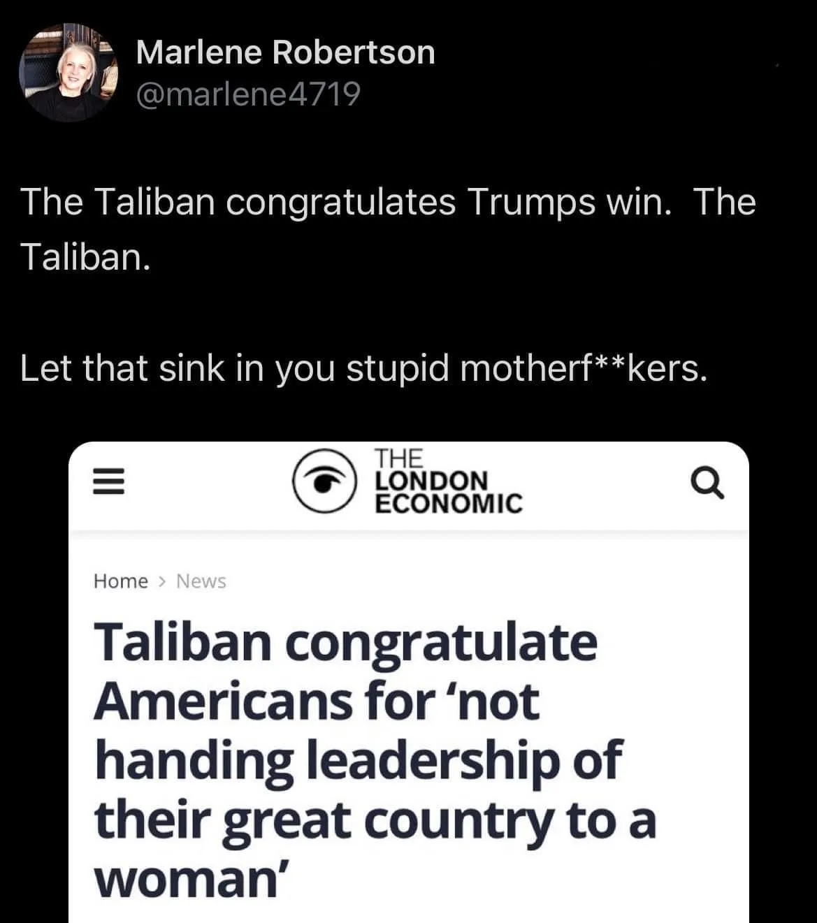 A screenshot of a tweet from Marlene Robertson showing a news article from 'The London Economic' with the headline 'Taliban…