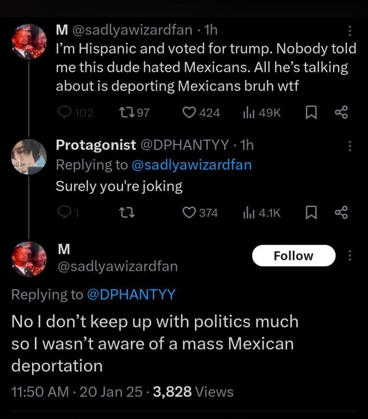 A screenshot of a Twitter thread shows a user named @sadlyawizardfan expressing shock that a politician they voted for…