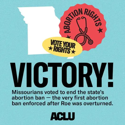 A light blue graphic features a white outline of Missouri, a red circular seal with 'ABORTION RIGHTS' and a stethoscope, and…