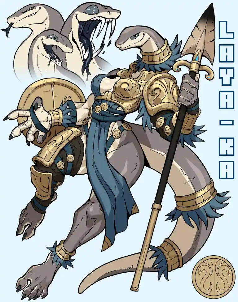 A stylized illustration of a humanoid serpent warrior named LAYA-HA, wearing ornate golden armor with blue feather accents…