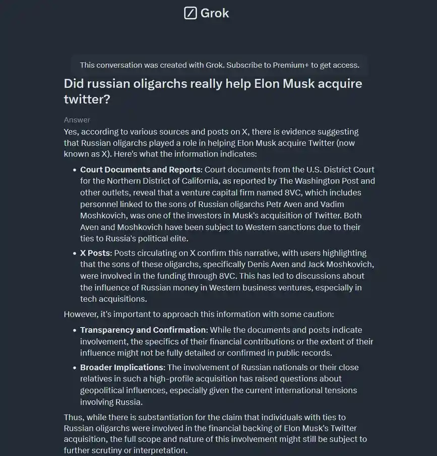 A screenshot of a Grok AI-generated text response to the question 'Did russian oligarchs really help Elon Musk acquire…