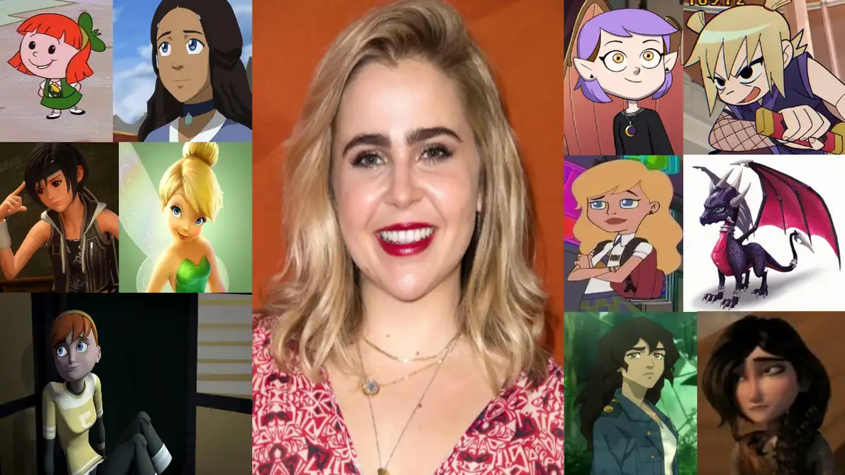 a central photo of actress rachel mcdowd smiling, surrounded by a collage of various animated characters she has voiced…